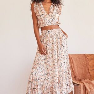 Free People Peach Floral Ruffled Crop Top & Maxi Skirt Set
